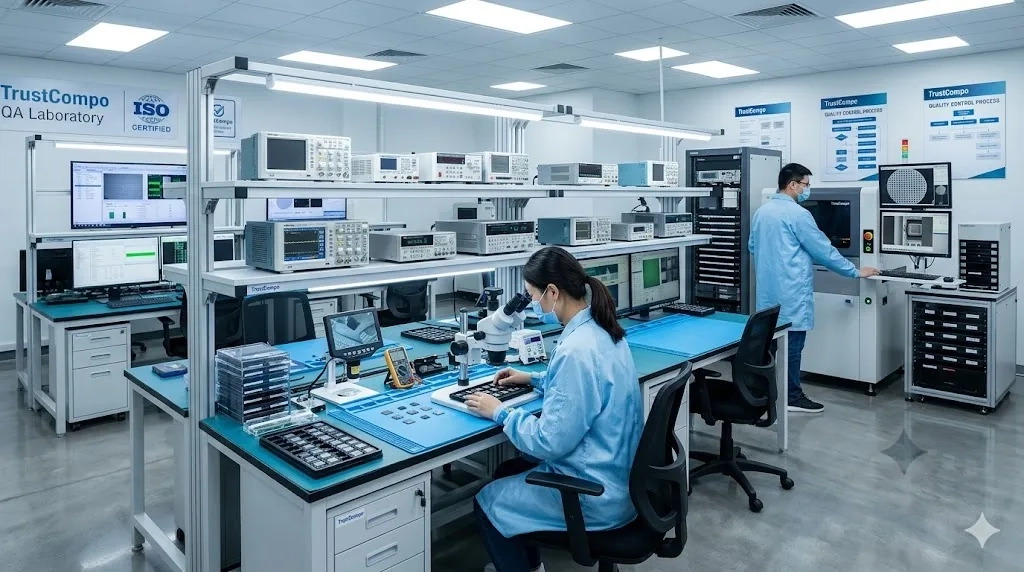TrustCompo quality lab with microscope inspection and electrical verification equipment | TrustCompo